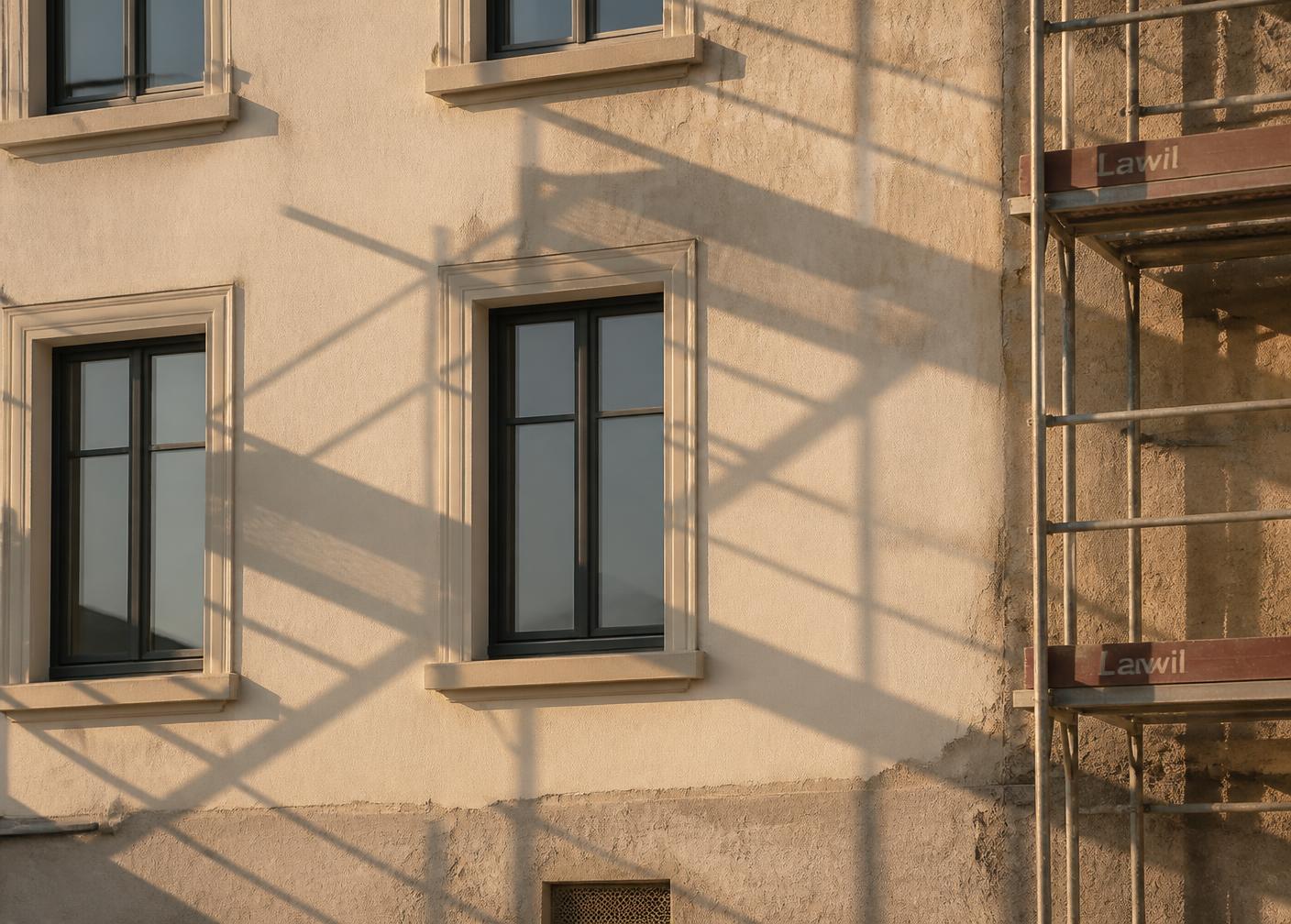 Fassade eines Gebäudes in Renovation mit Gerüstschatten