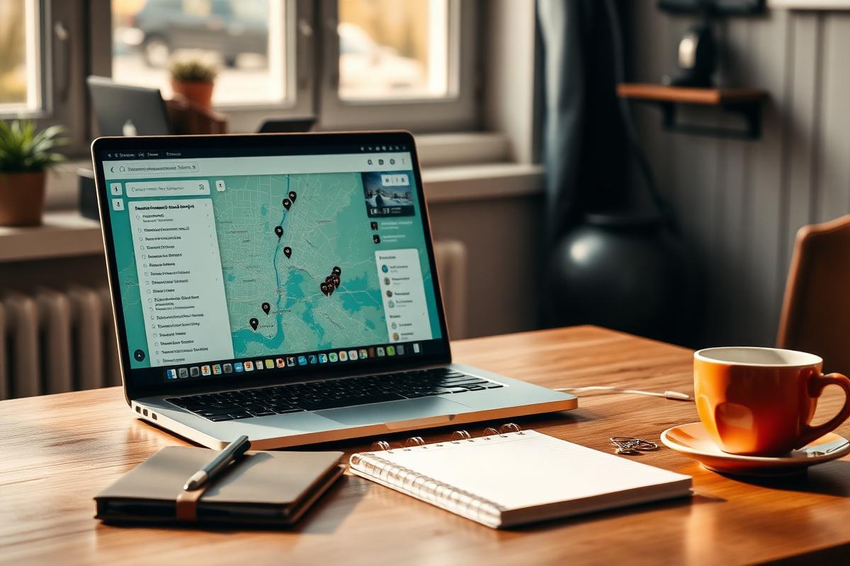 Laptop mit regionalen Suchergebnissen auf einem Bürotisch