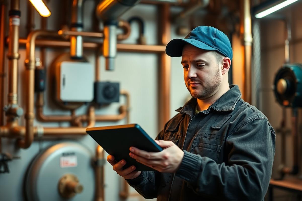 Installateur mit Tablet im Heizungsraum