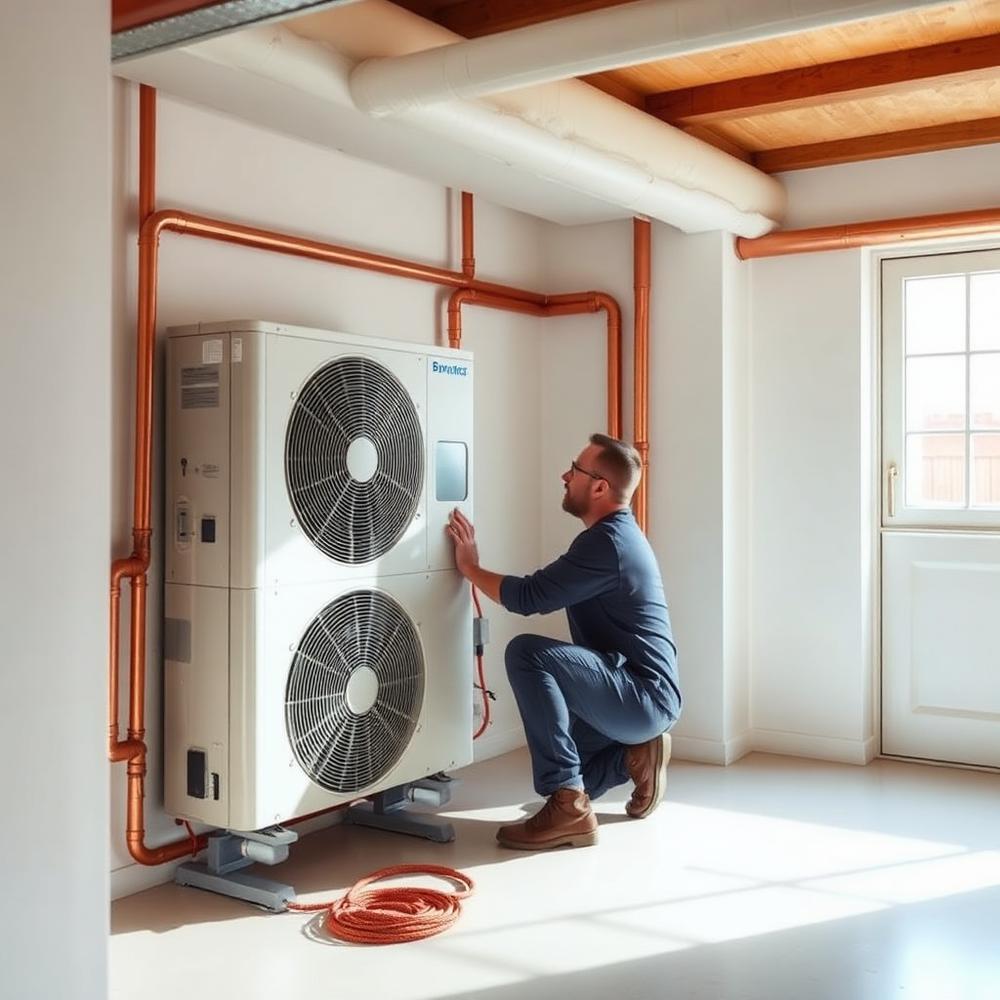 Heizungstechniker prüft eine Wärmepumpe im Technikraum